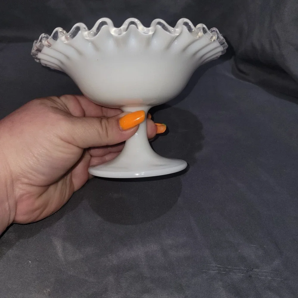Vintage Fenton Silver Crest Ruffled Compote Milk Glass Pedestal Candy Dish